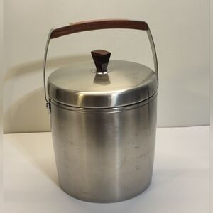 Vintage MCM West Bend Ice Butler Ice Bucket Stainless Steel Wood Knob Handle